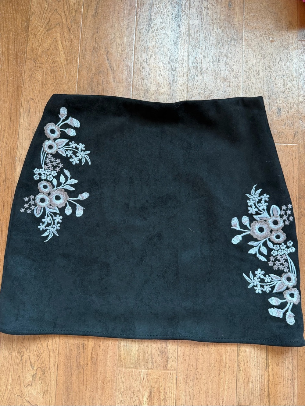 Black Mini Skirt with White Floral Embroidery